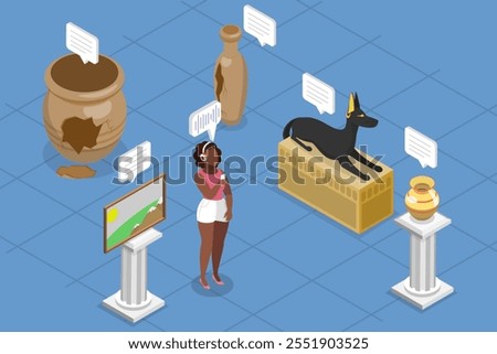 3D Isometric Flat Vector Illustration of Online Tours, Enjoying Self-Guided Tour With Audio App In Art Museum Exhibition