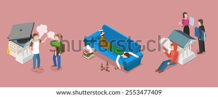 3D Isometric Flat Vector Illustration of Teenagers Bad Habits, Unhealthy Lifestyle
