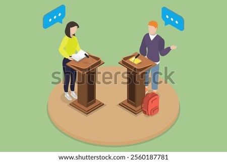 3D Isometric Flat Vector Illustration of Student Debates, Teaching Communication And Persuasion Techniques