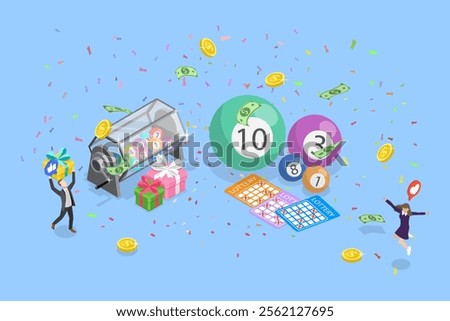 3D Isometric Flat Vector Illustration of Playing Bingo with Friends, Leisure Activities