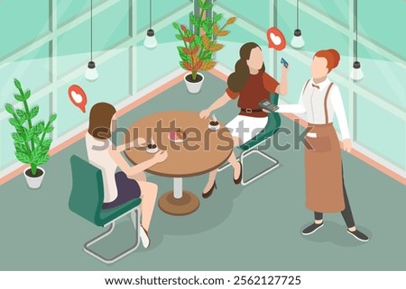 3D Isometric Flat Vector Illustration of Lunch With Friend , A Person Paying For Meal In A Restaurant Using Credit Card