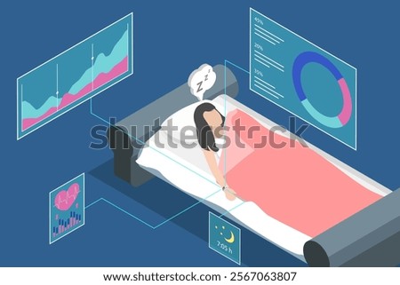 3D Isometric Flat Vector Illustration of Sleep Tracker, Analyzing Sleep Quality Using Electronic Device In Bed