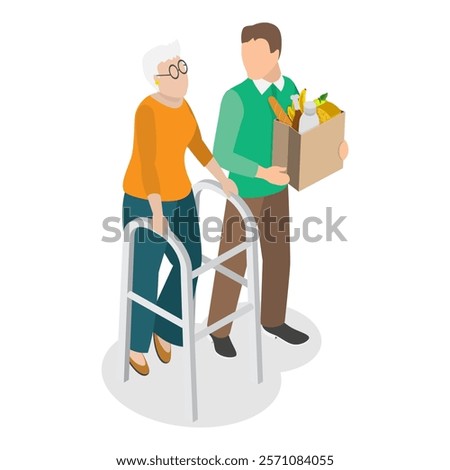 3D Isometric Flat Vector Illustration of Elderly People, Senior Care, Volunteering. Item 3