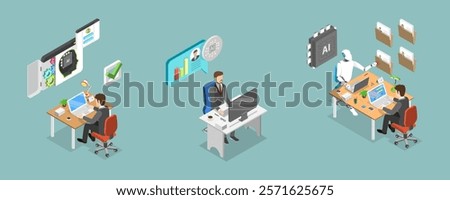 3D Isometric Flat Vector Illustration of Human Resources and AI, HR Managment Automation