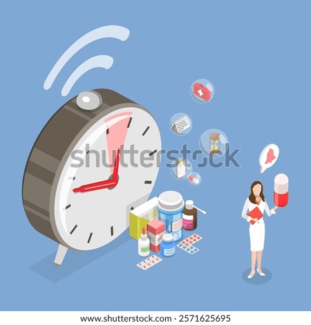 3D Isometric Flat Vector Illustration of Taking Pills Reminder, Time to Take Medicine