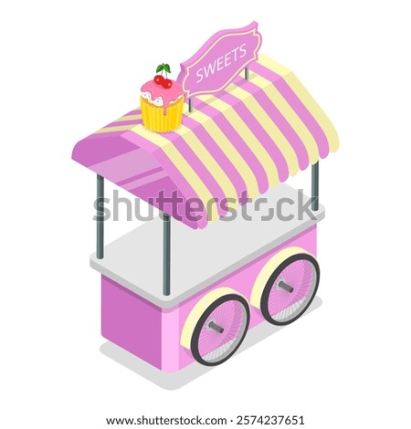 3D Isometric Flat Vector Illustration of Sweets and Ice Cream Wagons, Sweet Treats on Wheels. Item 1
