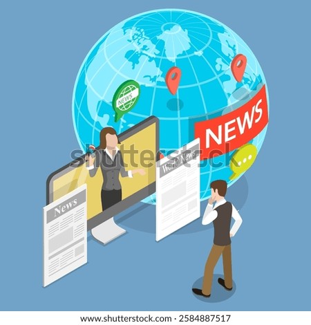 3D Isometric Flat Vector Illustration of Mass Media News, Broadcasting and Journalism