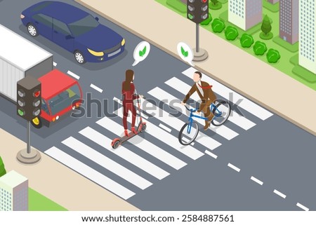 3D Isometric Flat Vector Illustration of Crosswalk With Zebra, Business People On Electric Scooter or Bicycle On Their Way To Work