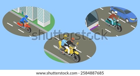 3D Isometric Flat Vector Illustration of Moto Vehicle, Riding Motorbike Scenes