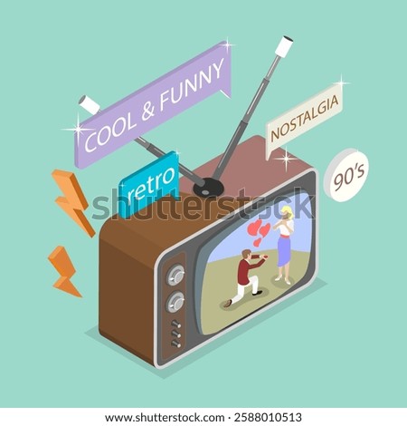3D Isometric Flat Vector Illustration of Retro TV, 90s Television Poster