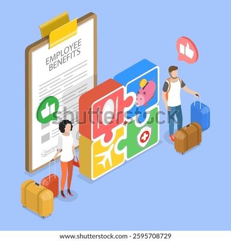 3D Isometric Flat Vector Illustration of Employee Benefits Package, Implementing Essential Workplace Perks For Employees
