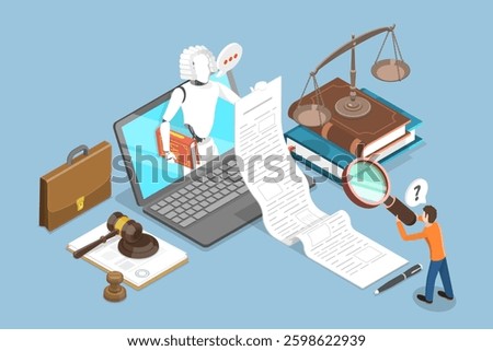 3D Isometric Flat Vector Illustration of AI-Driven Legal Services, Law and Crime Research with Rech Research