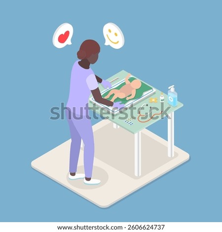 3D Isometric Flat Vector Illustration of Medical Checkup For Infant, Nurse Childcare for Premature Newborn Babies