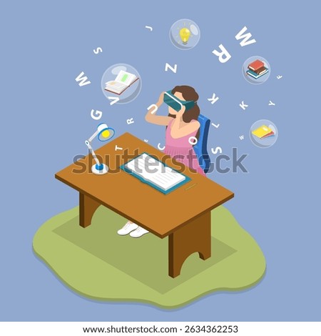 3D Isometric Flat Vector Illustration of Learning With Virtual Reality, Students Astonished by VR Headset Experience
