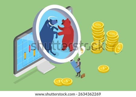 3D Isometric Flat Vector Illustration of Analizing Stock Market Trends, Investigating Bull Vs Bear Assessment