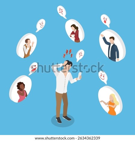 3D Isometric Flat Vector Illustration of Harassment Problem , Aggressive Bullies Targeting Depressed Man With Angry Messages