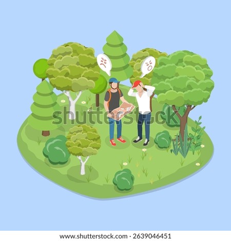 3D Isometric Flat Vector Illustration of Lost Tourists, Man Wanders Through Forest, Recalling Path To Home Or Highway