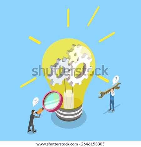 3D Isometric Flat Vector Illustration of Creativity and Creation Process, Seeking Creative Inspiration While Repairing Lightbulb