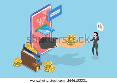 3D Isometric Flat Vector Illustration of Shopping Discounts and Promotion, Customer Receiving Cash Back While Making Credit Card Payments.