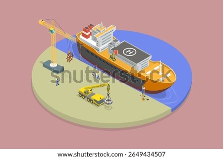 3D Isometric Flat Vector Illustration of Marine Industry, Innovative Idea For Constructing Ships