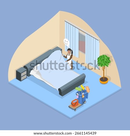 3D Isometric Flat Vector Illustration of Hotel Room Cleaning Service, Maid Changing Bedding