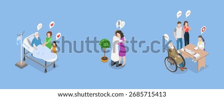 3D Isometric Flat Vector Illustration of Palliative Care, Elderly Caregiving
