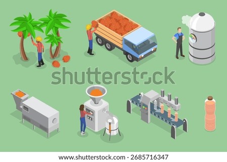 3D Isometric Flat Vector Illustration of Farm Plantation, Palm Oil Production Process