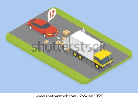 3D Isometric Flat Vector Illustration of Road Accident, Boxes Spilled From Truck Into Passing Car Due To Door Being Left Unlocked