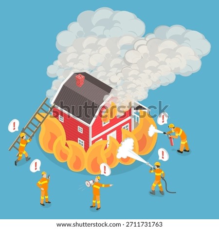 3D Isometric Flat Vector Illustration of Fire Emergency, Firefighters Working Together To Extinguish Large House Fire With Fire Truck Support