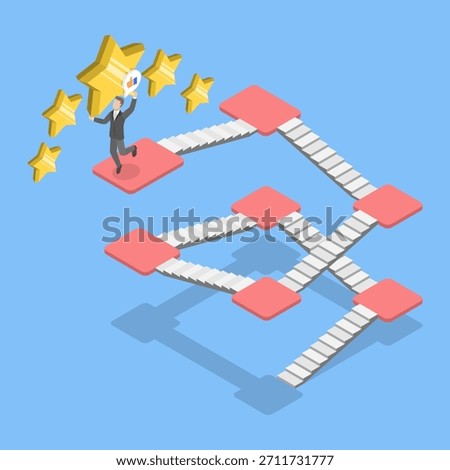 3D Isometric Flat Vector Illustration of Reaching Goal , Entrepreneur Ascends Stairs, Grasps Largest Star