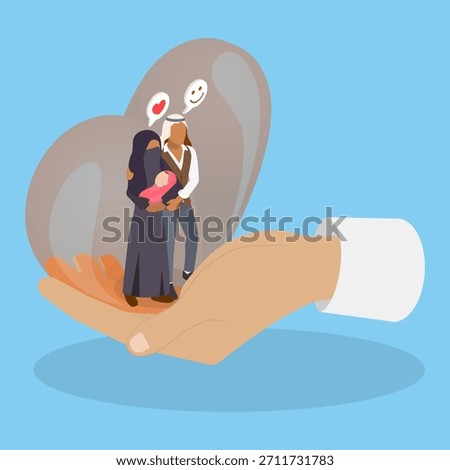 3D Isometric Flat Vector Illustration of Family Healthcare, Arabian Family Joyfully Poses On DoctorS Hand