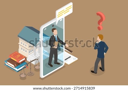 3D Isometric Flat Vector Illustration of Legal Advice Online, Entrepreneur Utilizes Smartphone For Legal Consultation With Lawyer