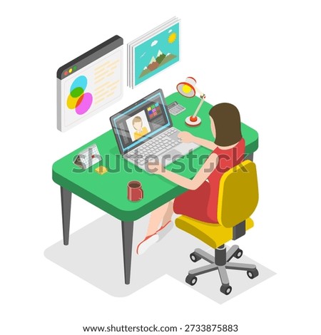 3D Isometric Flat Vector Illustration of Professional Photographer, Photo Editing Software. Item 1