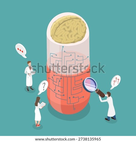 3D Isometric Flat Vector Illustration of Neuroscience, InnovativeBrain Pill Infused With Electronic Pattern In Neuroscience And Medical Technology