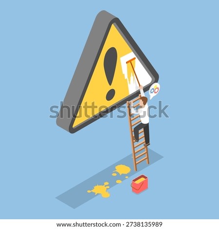 3D Isometric Flat Vector Illustration of Incident Management, Man Painting Attention Sign On Wall Using Stepladder