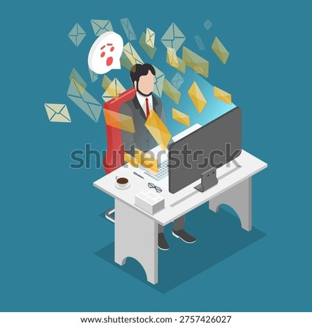 3D Isometric Flat Vector Illustration of Email Overload, Businessman Struggling With E-mails At Desk