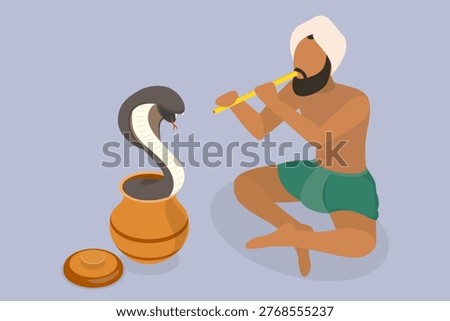 3D Isometric Flat Vector Illustration of Cobra Charmer, Snake Lord Musical Performance
