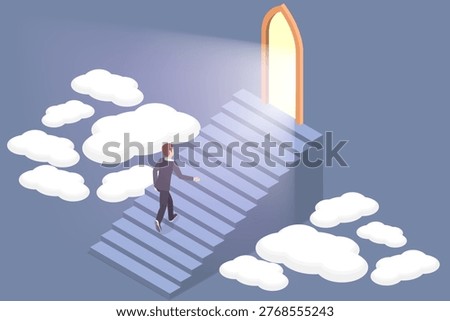 3D Isometric Flat Vector Illustration of Door To Heaven, Man Ascending Stairs Toward HeavenS Gate