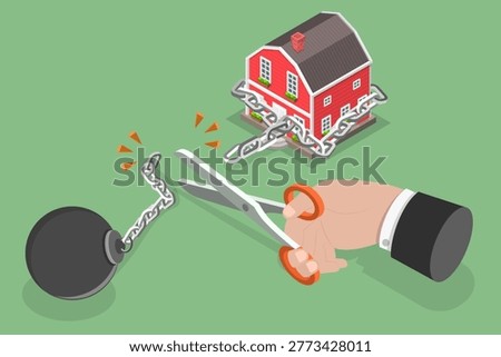 3D Isometric Flat Vector Illustration of Mortgage Free, House Bound By Chains, A Captive Home