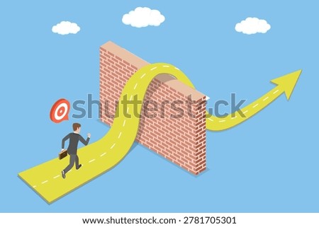 3D Isometric Flat Vector Illustration of Barriers Overcoming, Successful Entrepreneur, Conquering Obstacles To Achieve Business Success.