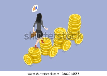 3D Isometric Flat Vector Illustration of Currency Exchange, Woman Walking On Pound, Yen, Euro, And Dollar Currency Symbols
