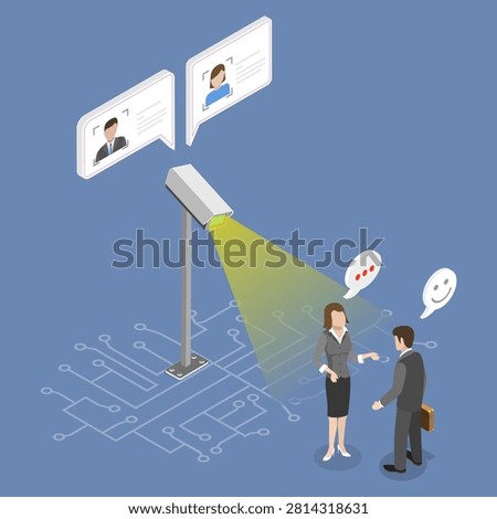 3D Isometric Flat Vector Illustration of Public Surveillance, City Street Surveillance Video Control With Facial Recognition Technology