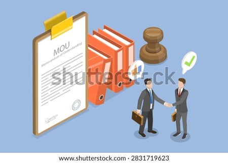 3D Isometric Flat Vector Illustration of MOU, Businessman Seals MOU With Handshake On Contract Papers After Mutual Agreement