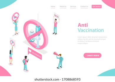 3D Isometric Flat Vector Landing Page Tamplate of Anti-vaccination, Preventive Medicine Rejecting, Anti-immunisation Campaign.
