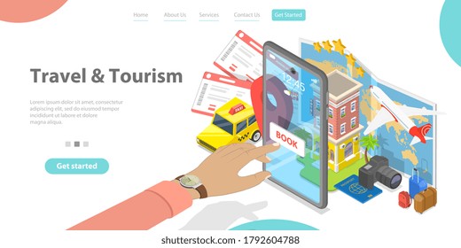 3D Isometric Flat Vector Landing Page Template of Trip Booking Online App, Holiday Travel Hotel and Flight Tickets Reservation.