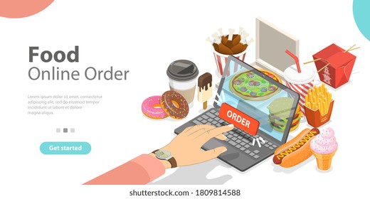 3D Isometric Flat Vector Landing Page for Restaurant and Cafe Online Food Ordering Web Service, Takeaway Food Online, Fast Free Delivery.