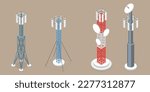 3D Isometric Flat Vector Set of Telecom Towers, Communicating Radio Constructions