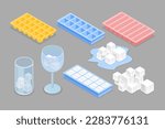 3D Isometric Flat Vector Set of Ice Cubes for Cocktails, Plastic Trays