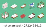 3D Isometric Flat Vector Set of Beds, Visual Guide To Various Bed Types