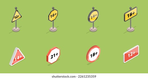 3D Isometric Flat Vector Set of Sensitive Content Signs, Under Age Content